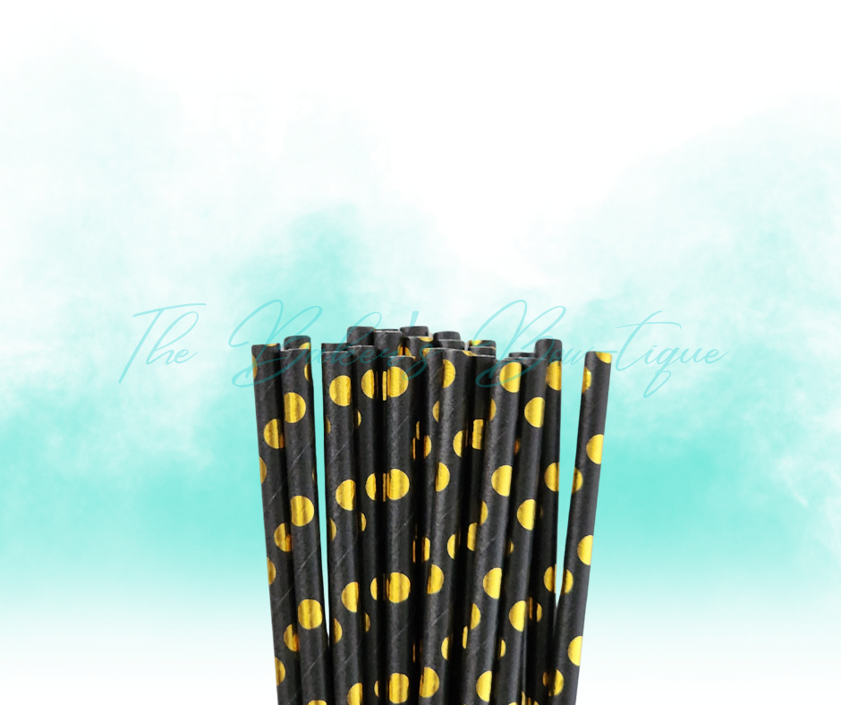 BLACK and METALLIC GOLD POLKA DOTS Paper Straws