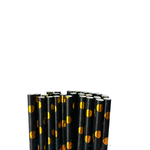 BLACK and METALLIC GOLD POLKA DOTS Paper Straws