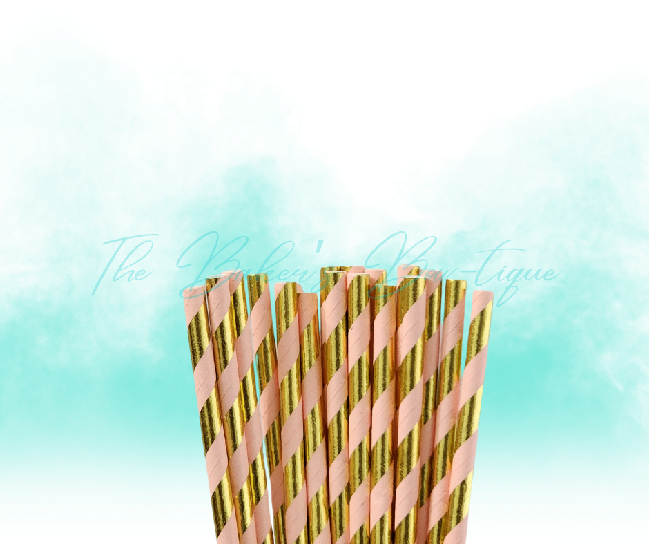 CORAL and METALLIC GOLD STRIPES Paper Straws