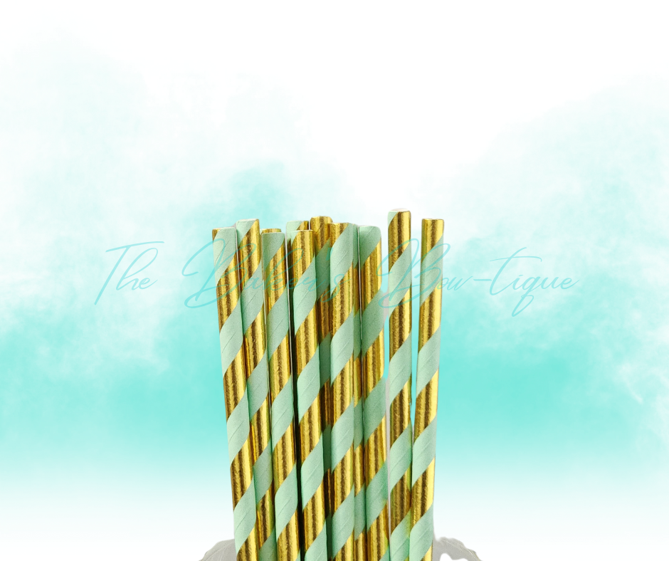 MINT GREEN and METALLIC GOLD STRIPES Paper Straws