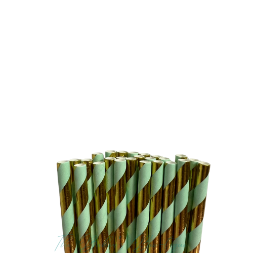 MINT GREEN and METALLIC GOLD STRIPES Paper Straws
