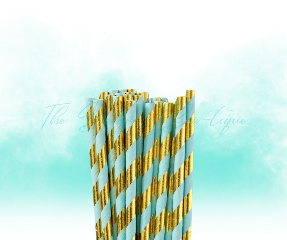 BLUE and METALLIC GOLD STRIPES Paper Straws