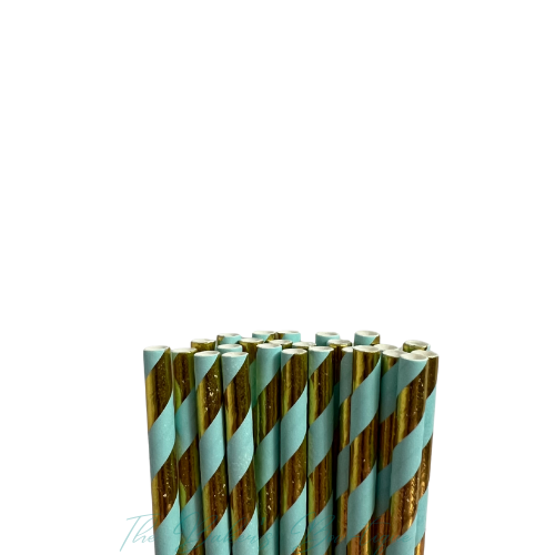 BLUE and METALLIC GOLD STRIPES Paper Straws