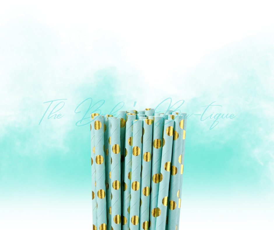 BLUE and METALLIC GOLD POLKA DOTS Paper Straws