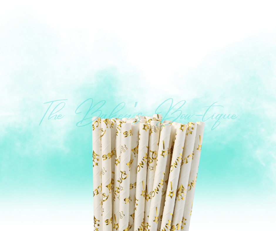WHITE and METALLIC GOLD PRINCESS Paper Straws