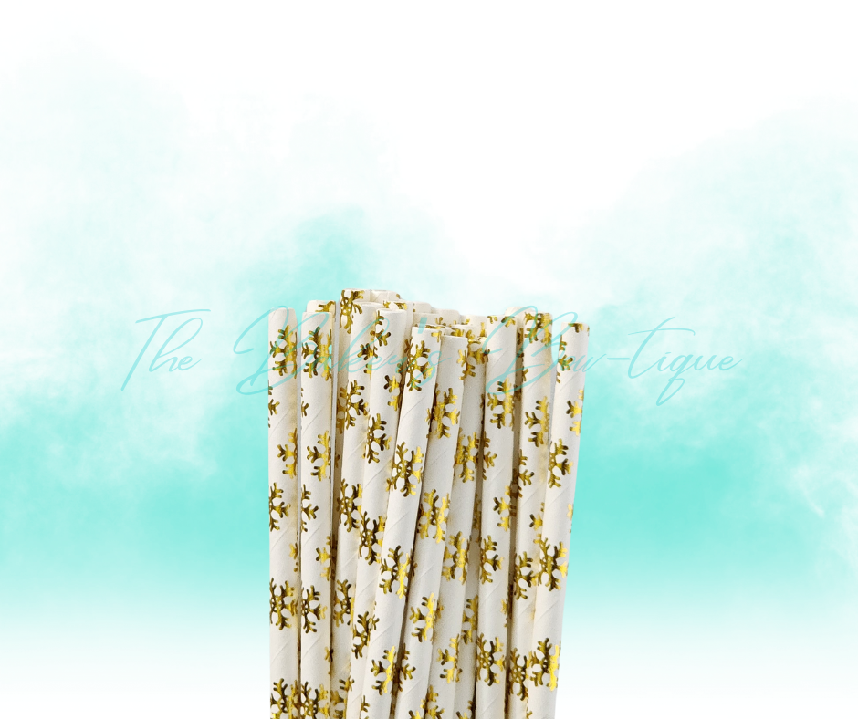 WHITE and METALLIC GOLD SNOWFLAKE Paper Straws