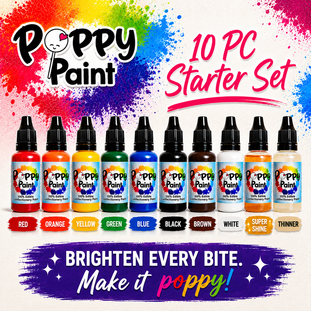 Poppy Paint Edible Paint Set - 10pc STARTER SET, 30 mL each