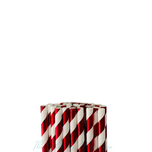 WHITE and METALLIC RED STRIPE Paper Straws
