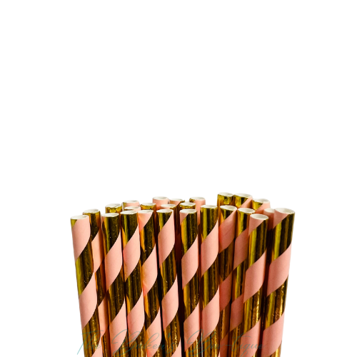 CORAL and METALLIC GOLD STRIPES Paper Straws