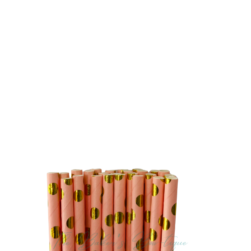 CORAL and METALLIC GOLD POLKA DOTS Paper Straws