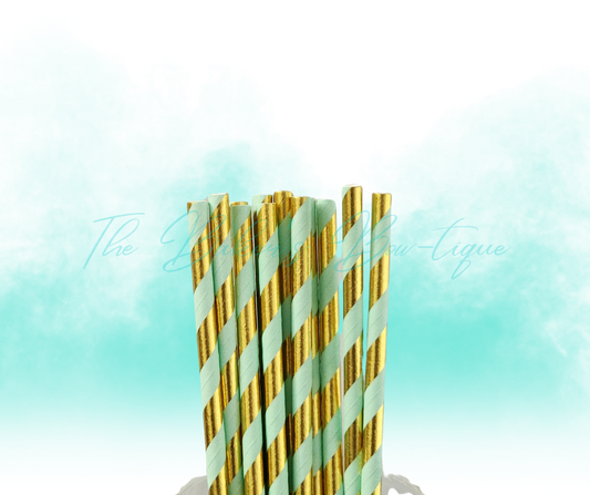 MINT GREEN and METALLIC GOLD STRIPES Paper Straws