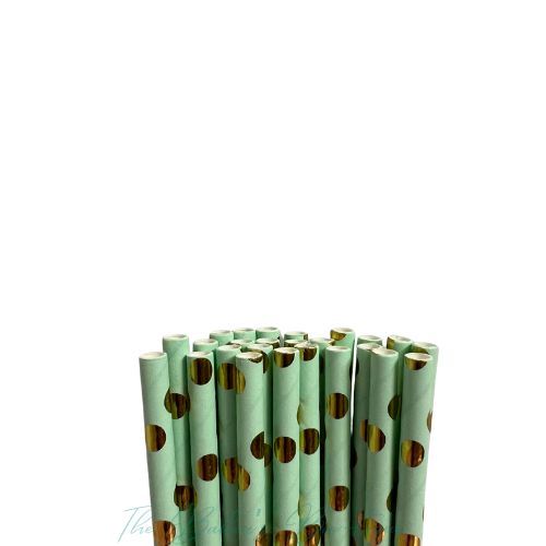 MINT GREEN and METALLIC GOLD POLKA DOTS Paper Straws