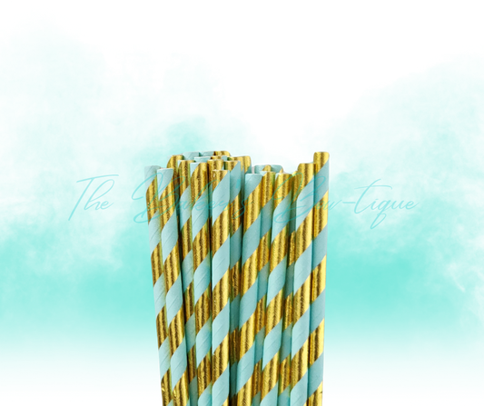 BLUE and METALLIC GOLD STRIPES Paper Straws