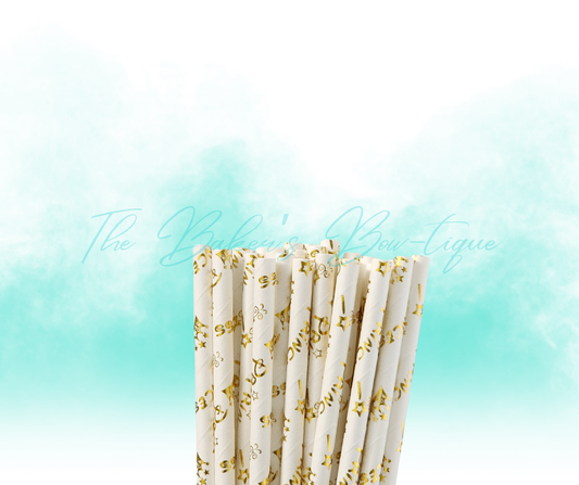 WHITE and METALLIC GOLD PRINCESS Paper Straws