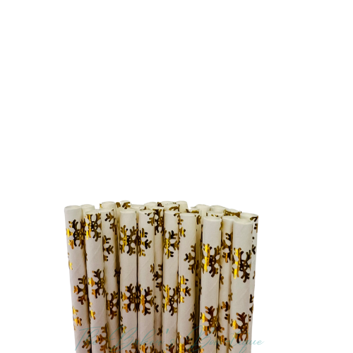 WHITE and METALLIC GOLD SNOWFLAKE Paper Straws